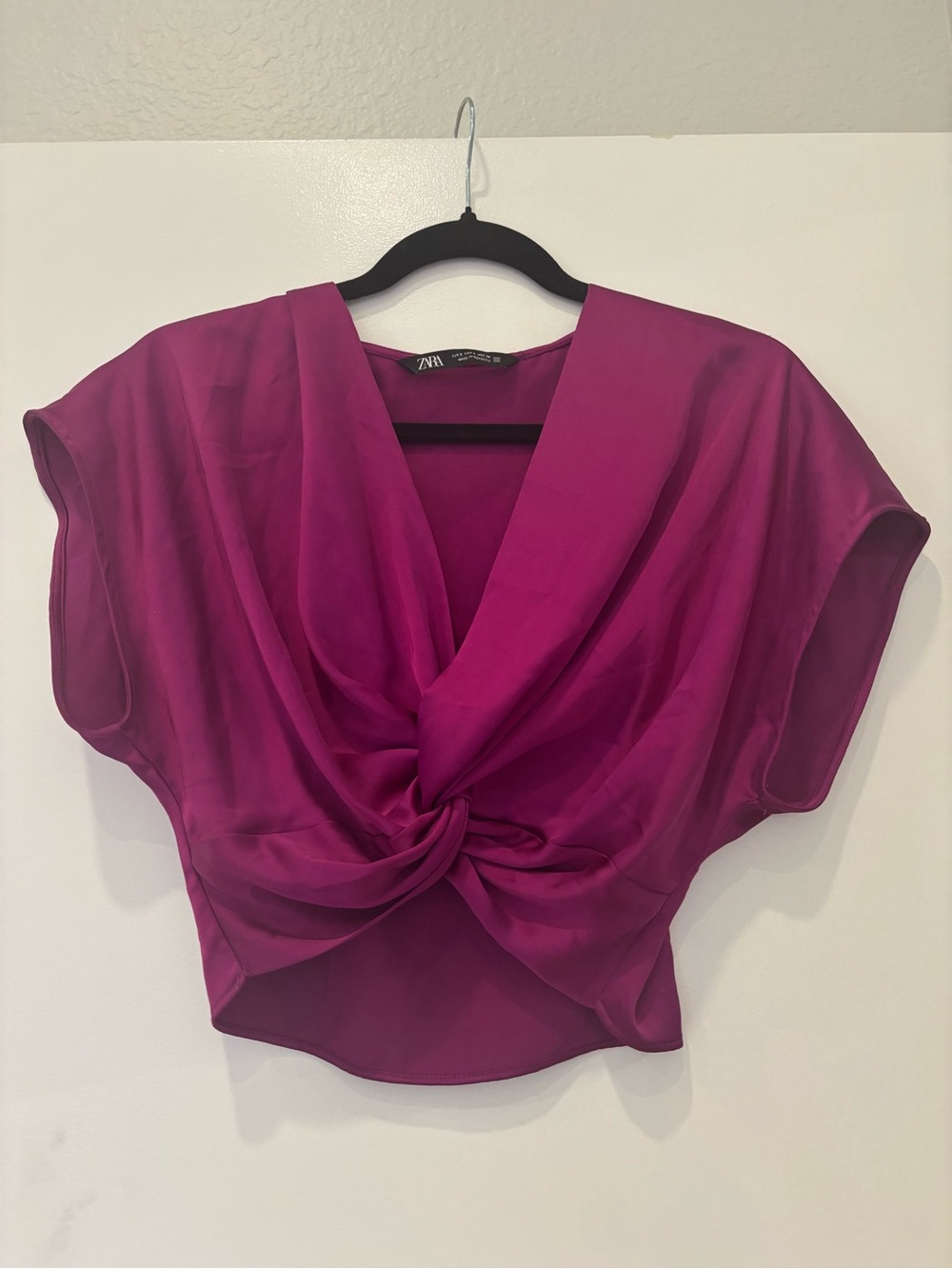 Zara Fuchsia Knot Crop Satin Twist-Front Short Sleeve Blouse Glam Shiny Party
